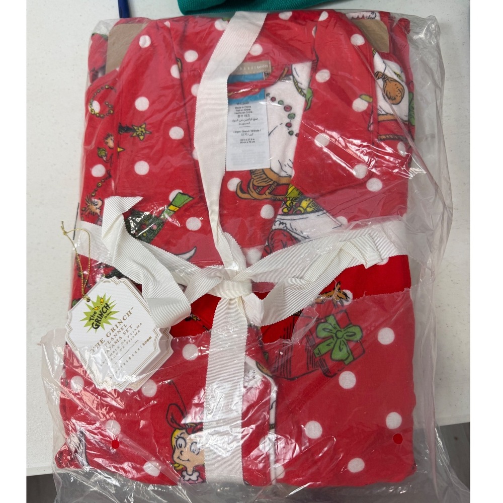Pottery Barn Teen Dr. Seuss The Grinch Flannel Pajama Set Red Polka Dot Large L